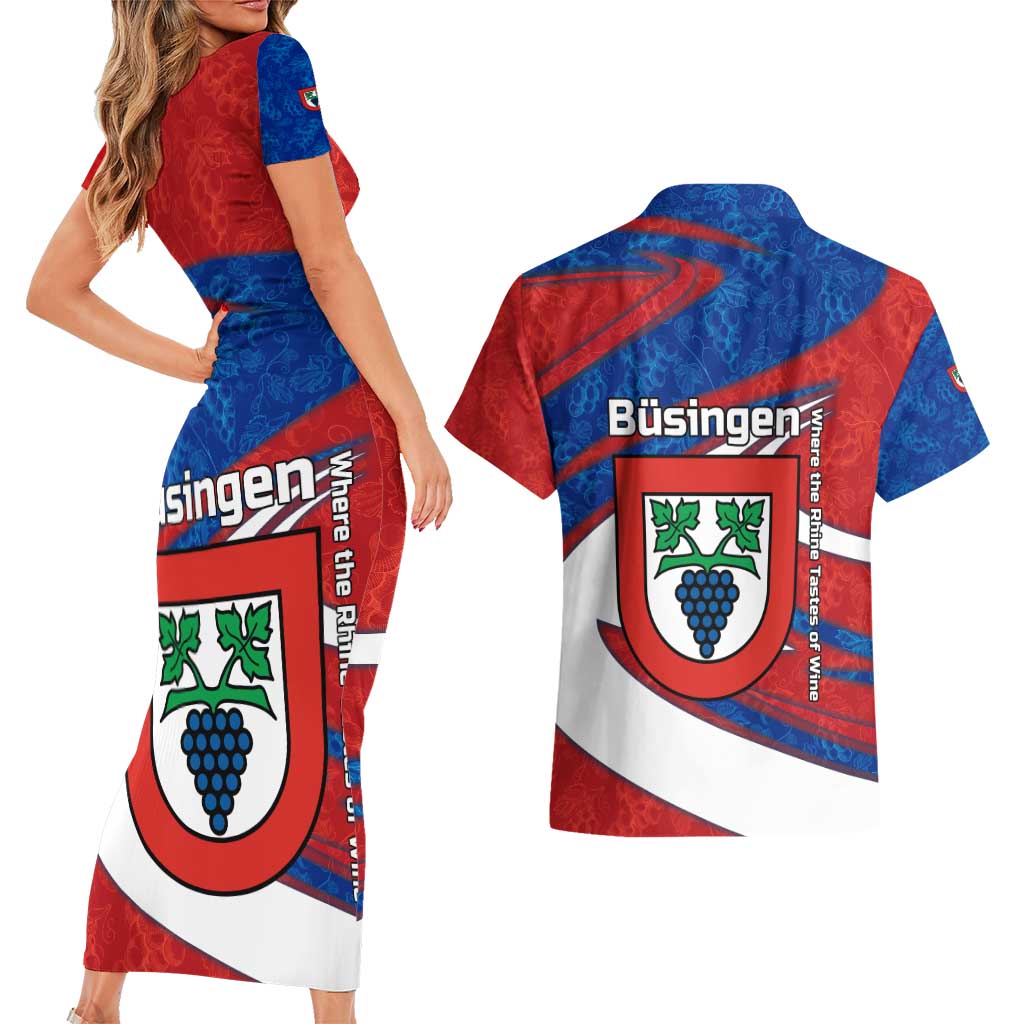 Busingen am Hochrhein Germany Couples Matching Short Sleeve Bodycon Dress and Hawaiian Shirt with Grape Crest Design and Red Blue Wine Theme - Wonder Print Shop