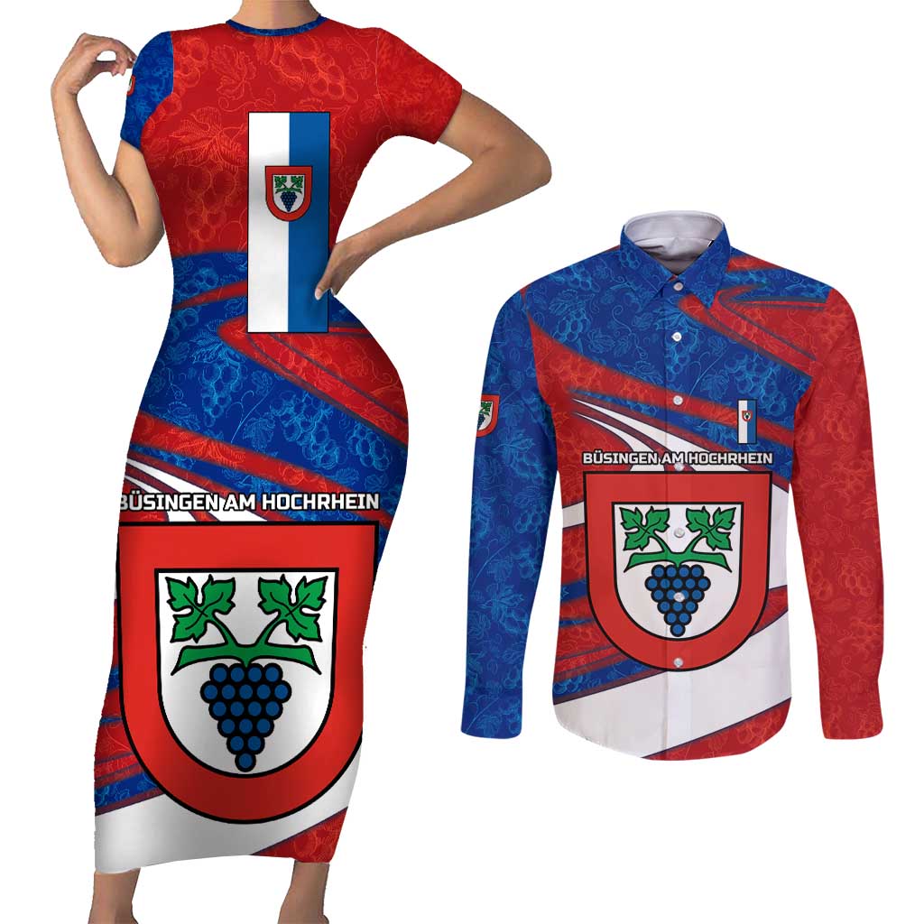 Busingen am Hochrhein Germany Couples Matching Short Sleeve Bodycon Dress and Long Sleeve Button Shirt with Grape Crest Design and Red Blue Wine Theme - Wonder Print Shop