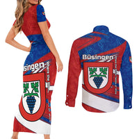 Busingen am Hochrhein Germany Couples Matching Short Sleeve Bodycon Dress and Long Sleeve Button Shirt with Grape Crest Design and Red Blue Wine Theme - Wonder Print Shop