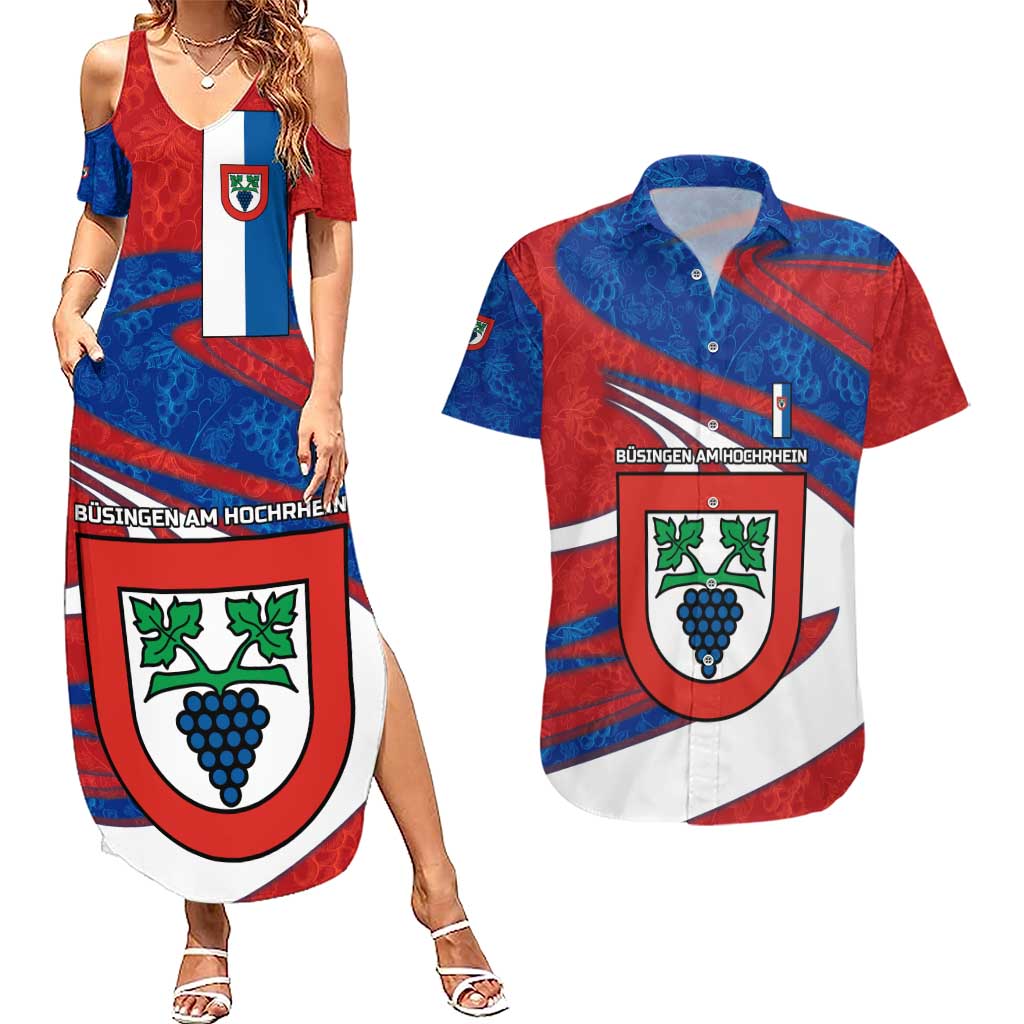 Busingen am Hochrhein Germany Couples Matching Summer Maxi Dress and Hawaiian Shirt with Grape Crest Design and Red Blue Wine Theme - Wonder Print Shop