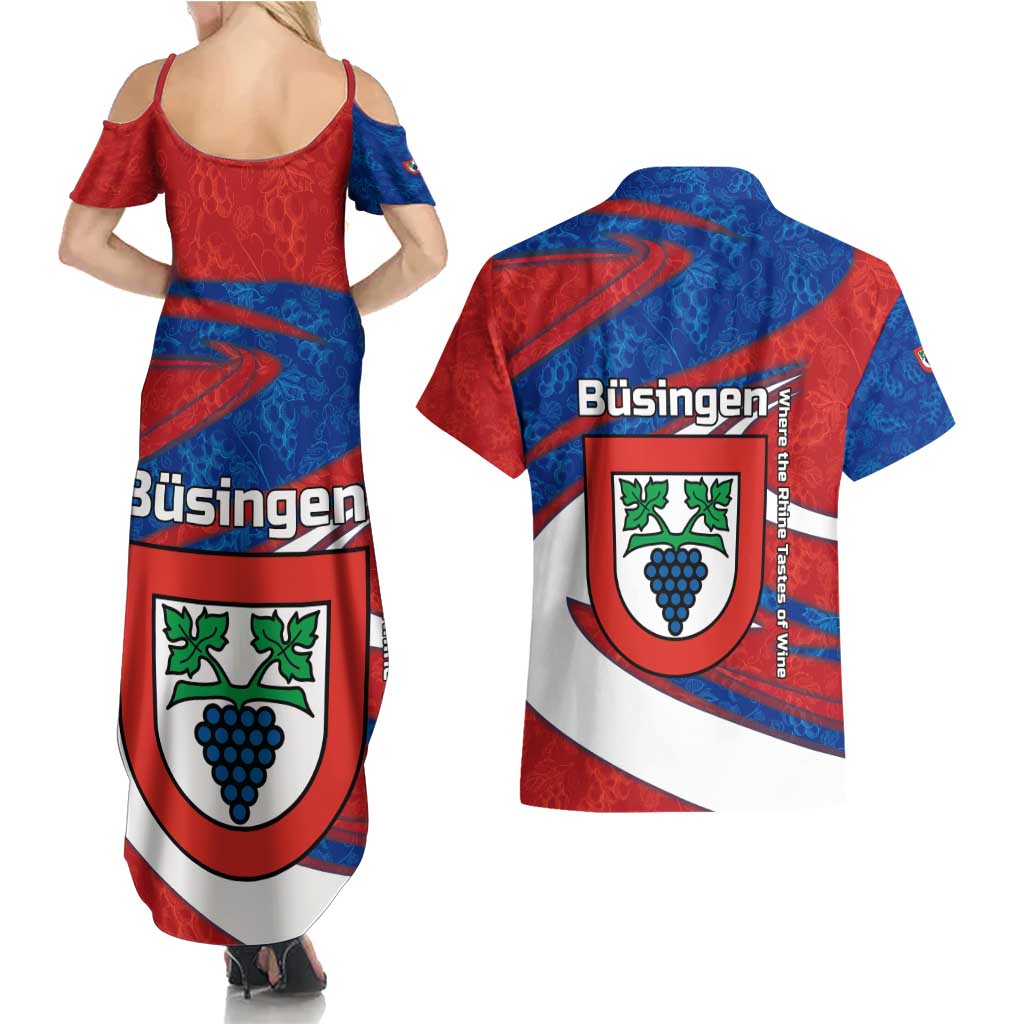Busingen am Hochrhein Germany Couples Matching Summer Maxi Dress and Hawaiian Shirt with Grape Crest Design and Red Blue Wine Theme - Wonder Print Shop