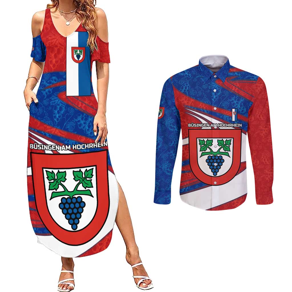 Busingen am Hochrhein Germany Couples Matching Summer Maxi Dress and Long Sleeve Button Shirt with Grape Crest Design and Red Blue Wine Theme - Wonder Print Shop