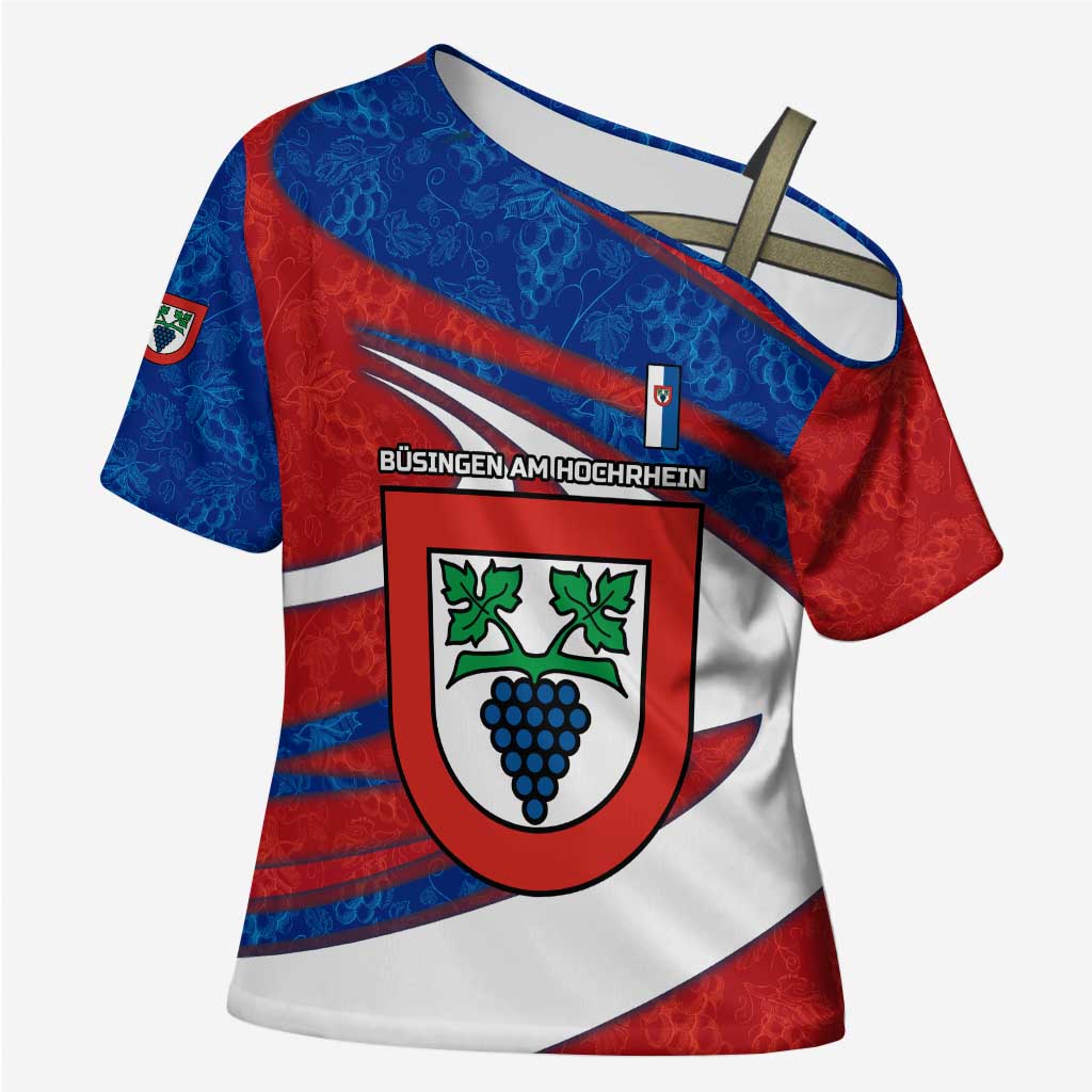 Busingen am Hochrhein Germany Cross Shoulder Shirt with Grape Crest Design and Red Blue Wine Theme - Wonder Print Shop
