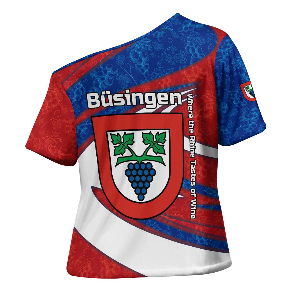 Busingen am Hochrhein Germany Cross Shoulder Shirt with Grape Crest Design and Red Blue Wine Theme - Wonder Print Shop