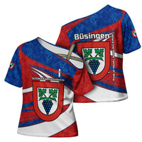 Busingen am Hochrhein Germany Cross Shoulder Shirt with Grape Crest Design and Red Blue Wine Theme - Wonder Print Shop