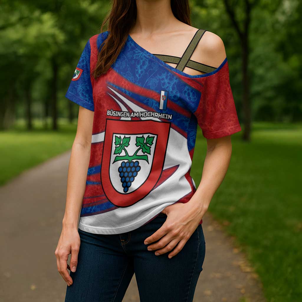 Busingen am Hochrhein Germany Cross Shoulder Shirt with Grape Crest Design and Red Blue Wine Theme - Wonder Print Shop