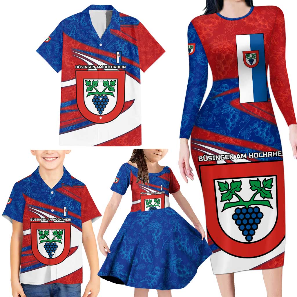 Busingen am Hochrhein Germany Family Matching Long Sleeve Bodycon Dress and Hawaiian Shirt with Grape Crest Design and Red Blue Wine Theme - Wonder Print Shop