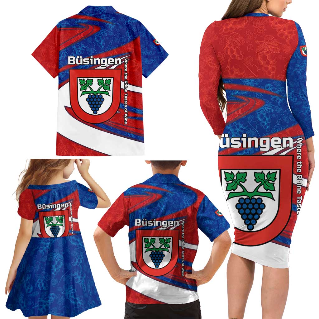 Busingen am Hochrhein Germany Family Matching Long Sleeve Bodycon Dress and Hawaiian Shirt with Grape Crest Design and Red Blue Wine Theme - Wonder Print Shop