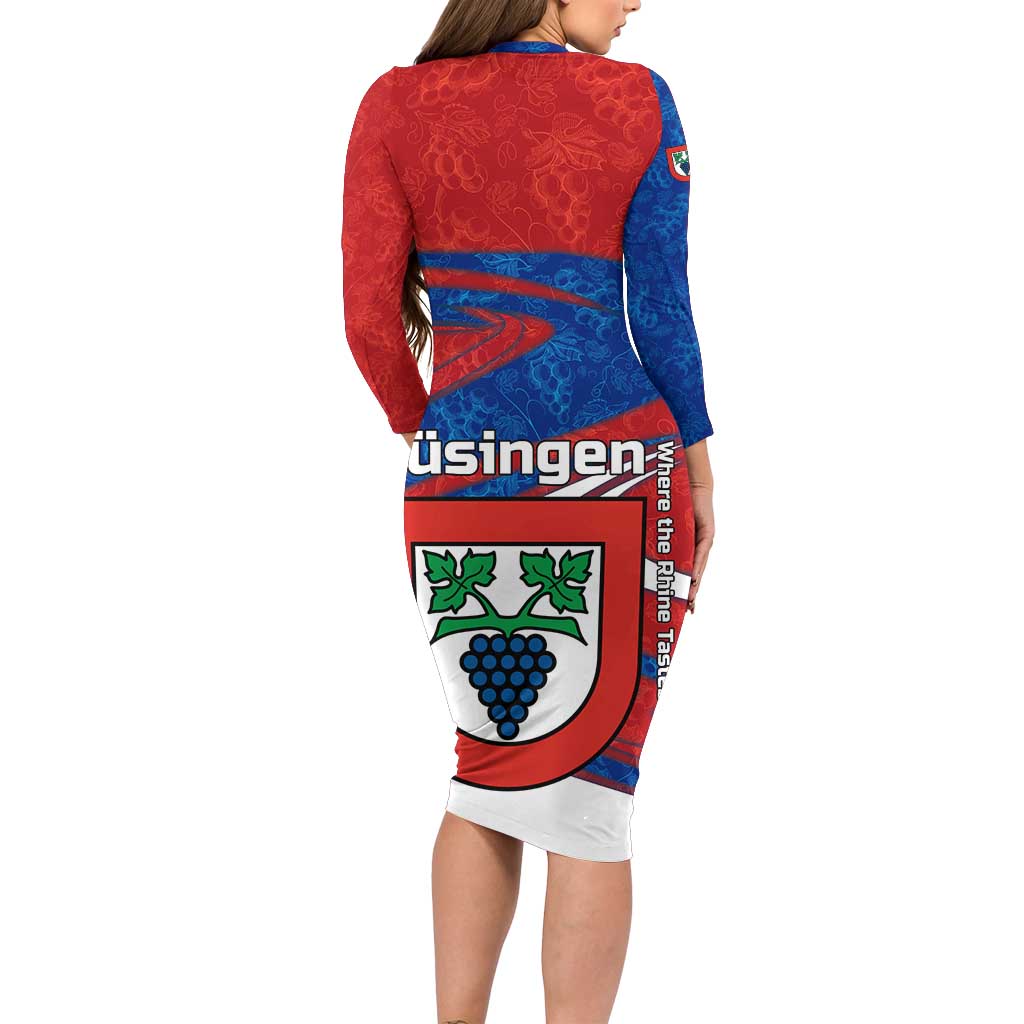 Busingen am Hochrhein Germany Family Matching Long Sleeve Bodycon Dress and Hawaiian Shirt with Grape Crest Design and Red Blue Wine Theme - Wonder Print Shop