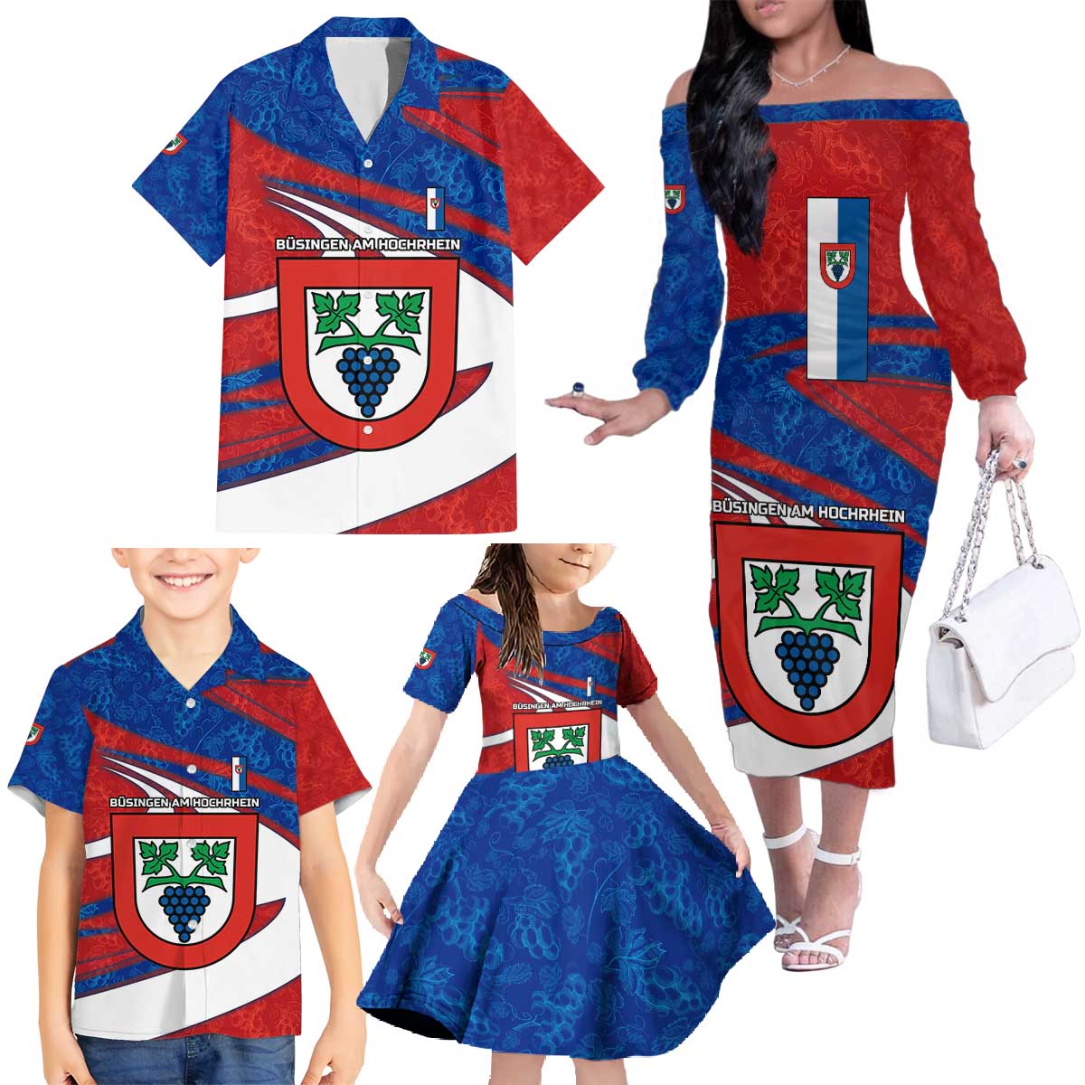Busingen am Hochrhein Germany Family Matching Off The Shoulder Long Sleeve Dress and Hawaiian Shirt with Grape Crest Design and Red Blue Wine Theme - Wonder Print Shop