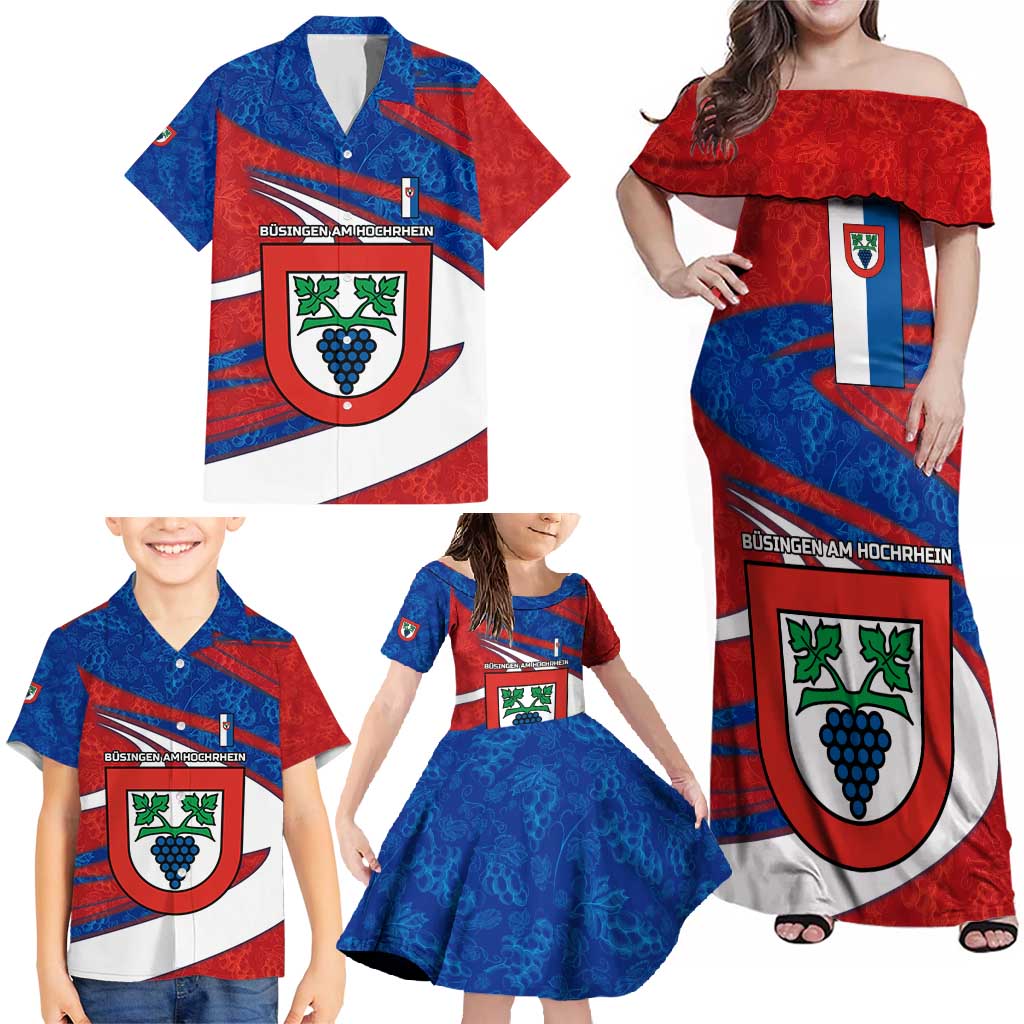 Busingen am Hochrhein Germany Family Matching Off Shoulder Maxi Dress and Hawaiian Shirt with Grape Crest Design and Red Blue Wine Theme - Wonder Print Shop