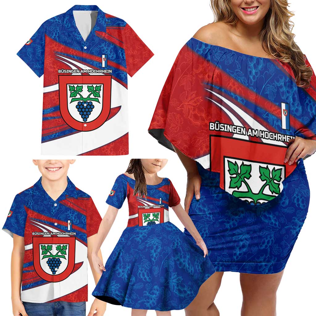 Busingen am Hochrhein Germany Family Matching Off Shoulder Short Dress and Hawaiian Shirt with Grape Crest Design and Red Blue Wine Theme - Wonder Print Shop