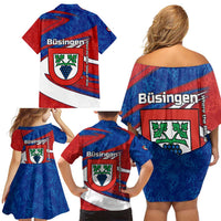 Busingen am Hochrhein Germany Family Matching Off Shoulder Short Dress and Hawaiian Shirt with Grape Crest Design and Red Blue Wine Theme - Wonder Print Shop