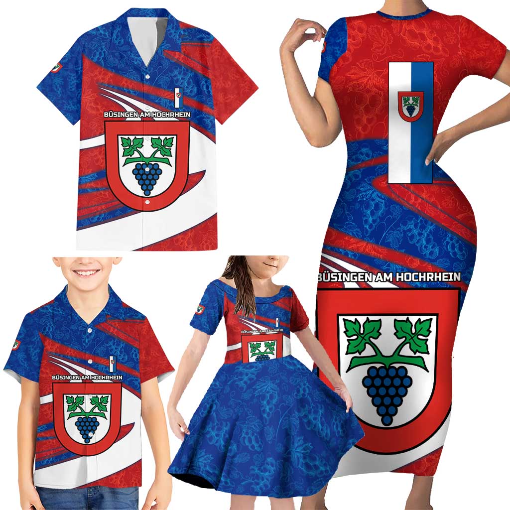 Busingen am Hochrhein Germany Family Matching Short Sleeve Bodycon Dress and Hawaiian Shirt with Grape Crest Design and Red Blue Wine Theme - Wonder Print Shop