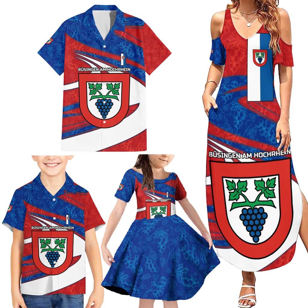 Busingen am Hochrhein Germany Family Matching Summer Maxi Dress and Hawaiian Shirt with Grape Crest Design and Red Blue Wine Theme - Wonder Print Shop