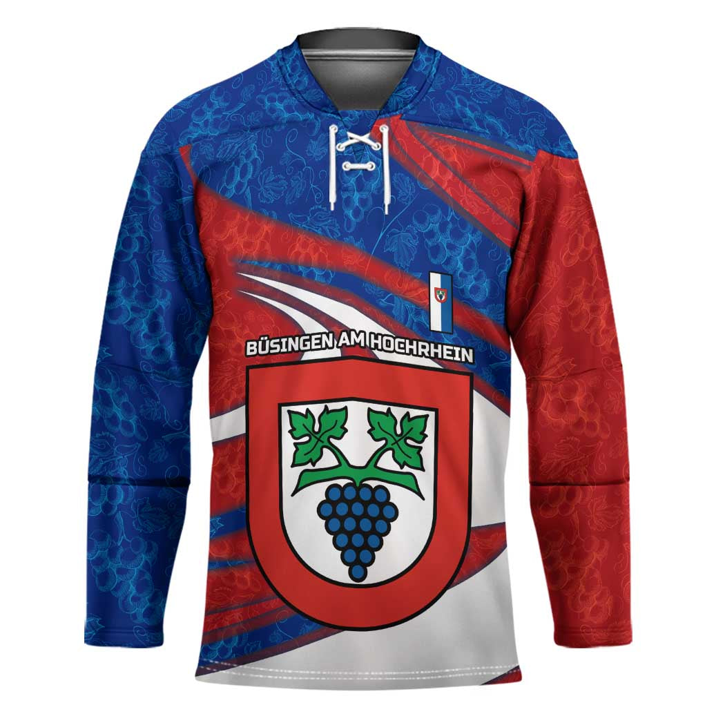 Busingen am Hochrhein Germany Hockey Jersey with Grape Crest Design and Red Blue Wine Theme - Wonder Print Shop