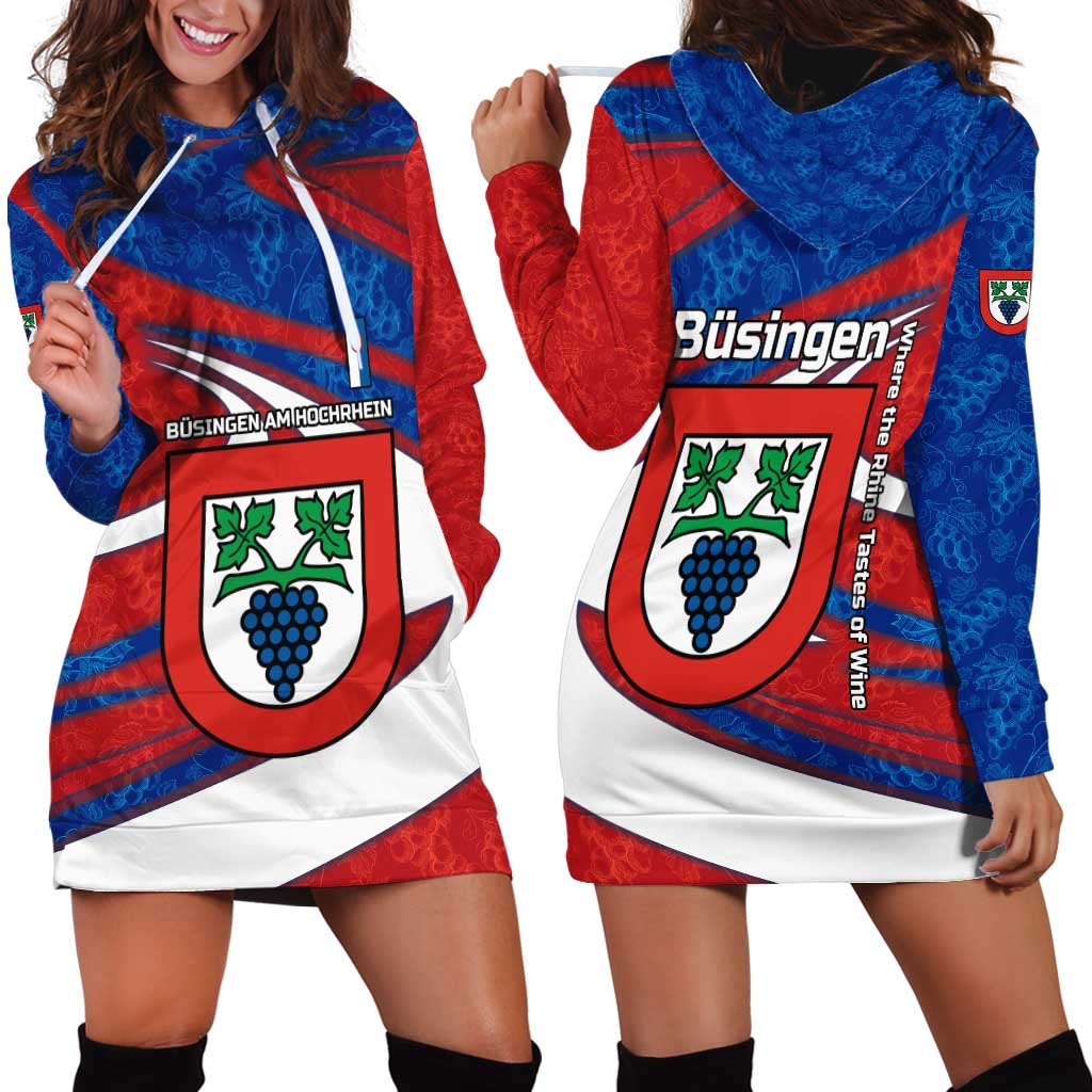 Busingen am Hochrhein Germany Hoodie Dress with Grape Crest Design and Red Blue Wine Theme - Wonder Print Shop