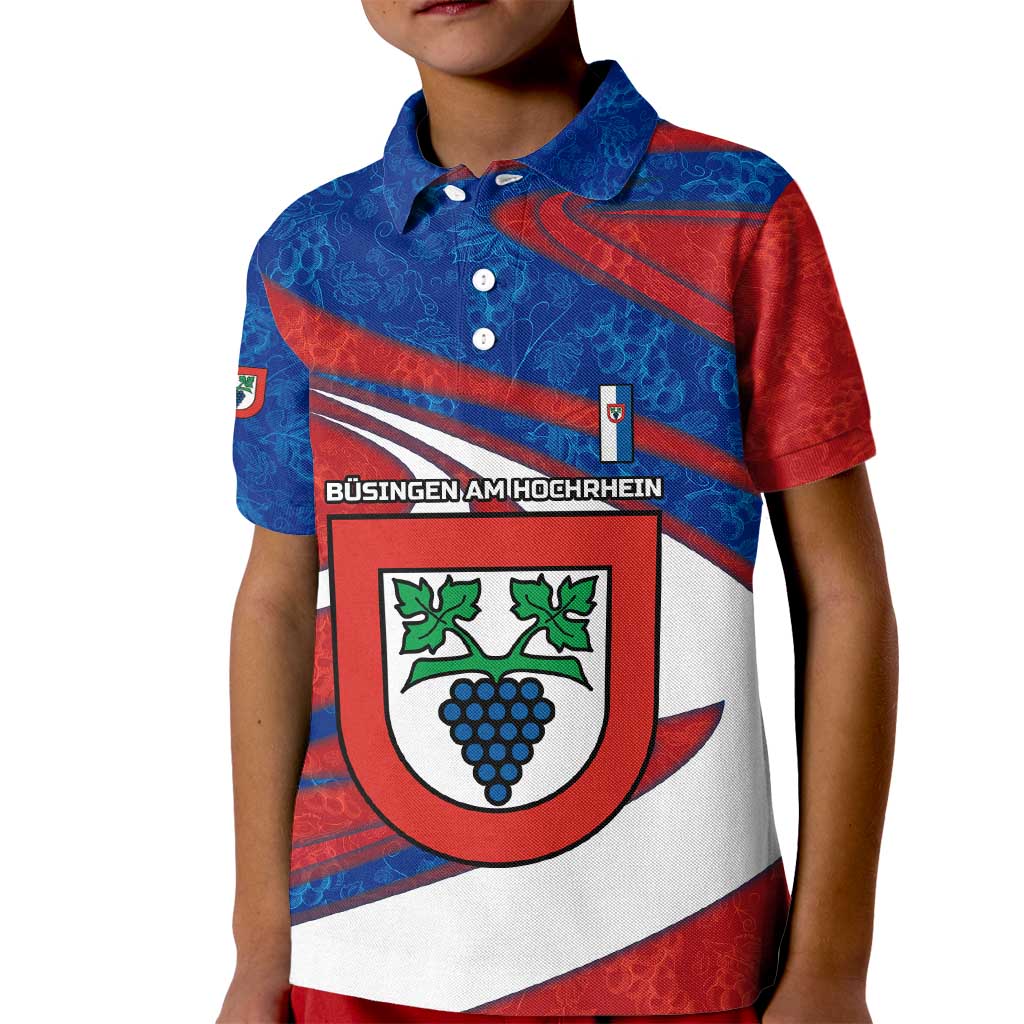 Busingen am Hochrhein Germany Kid Polo Shirt with Grape Crest Design and Red Blue Wine Theme - Wonder Print Shop