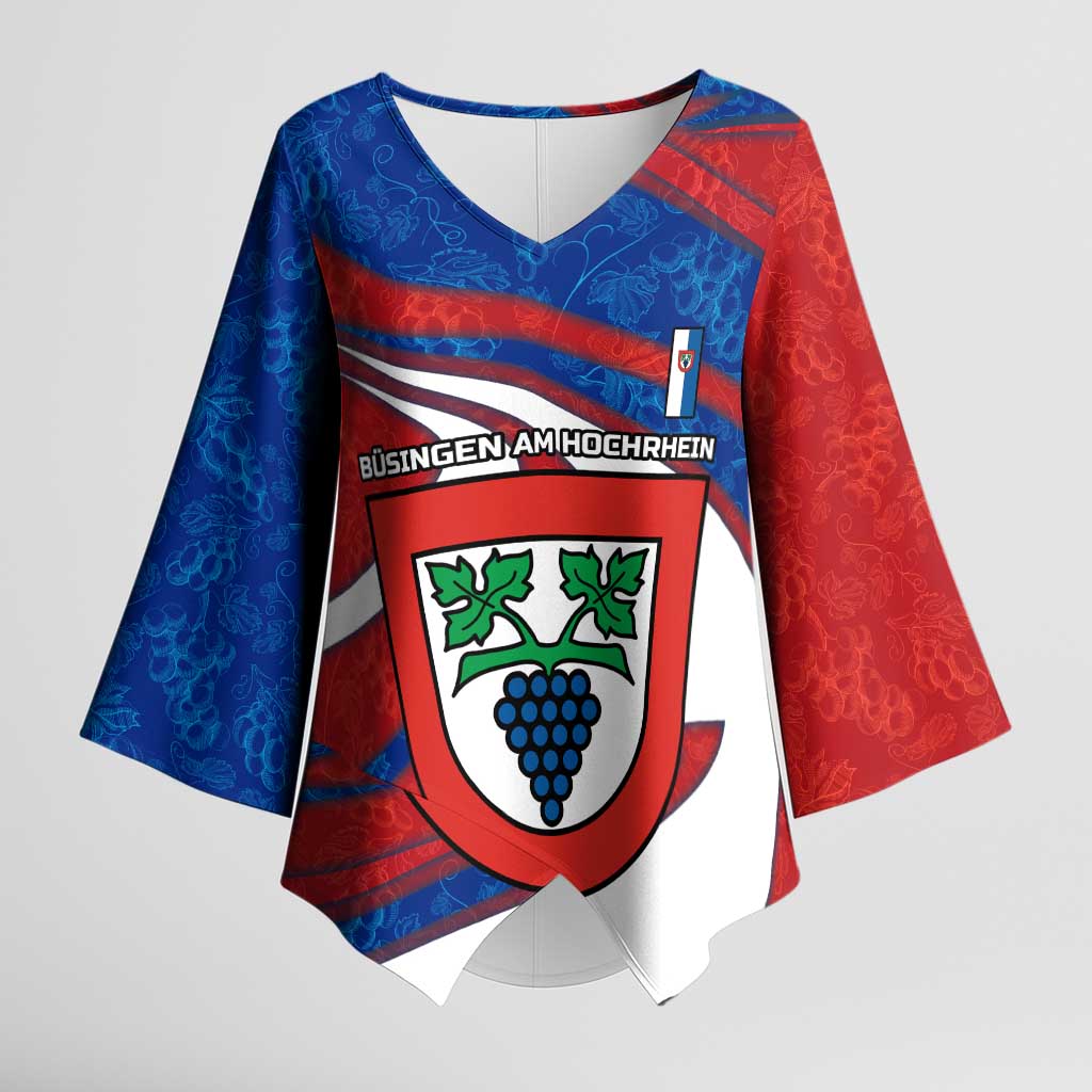 Busingen am Hochrhein Germany Kimono Sleeve Blouse with Grape Crest Design and Red Blue Wine Theme - Wonder Print Shop
