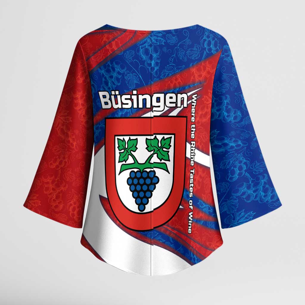 Busingen am Hochrhein Germany Kimono Sleeve Blouse with Grape Crest Design and Red Blue Wine Theme - Wonder Print Shop