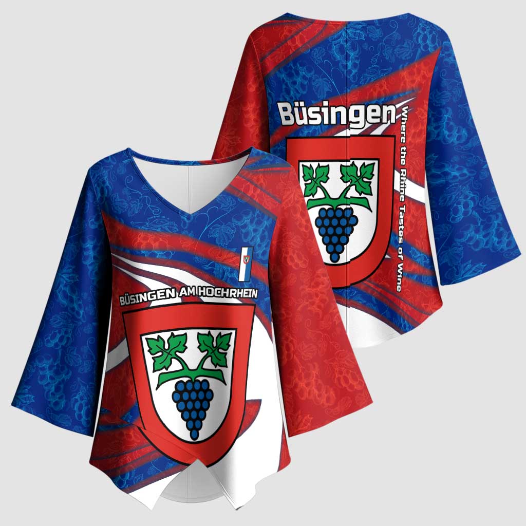 Busingen am Hochrhein Germany Kimono Sleeve Blouse with Grape Crest Design and Red Blue Wine Theme - Wonder Print Shop