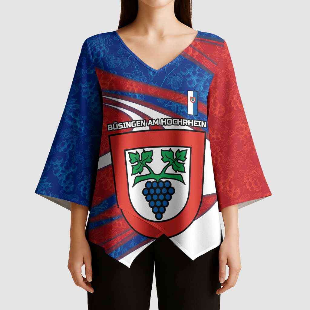 Busingen am Hochrhein Germany Kimono Sleeve Blouse with Grape Crest Design and Red Blue Wine Theme - Wonder Print Shop