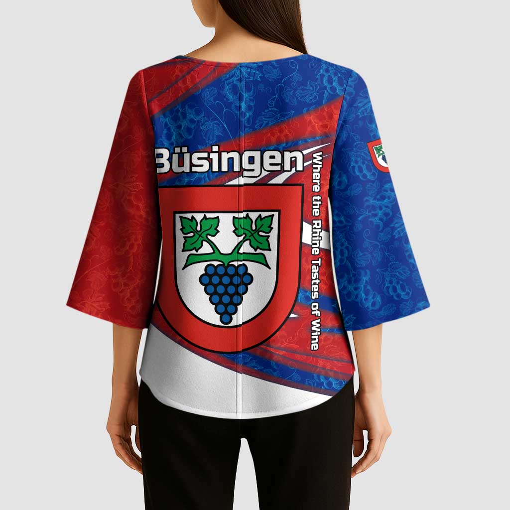 Busingen am Hochrhein Germany Kimono Sleeve Blouse with Grape Crest Design and Red Blue Wine Theme - Wonder Print Shop