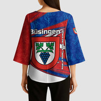 Busingen am Hochrhein Germany Kimono Sleeve Blouse with Grape Crest Design and Red Blue Wine Theme - Wonder Print Shop