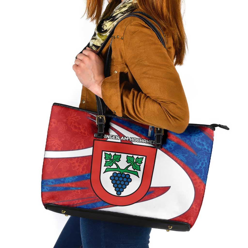 Busingen am Hochrhein Germany Leather Tote Bag with Grape Crest Design and Red Blue Wine Theme - Wonder Print Shop