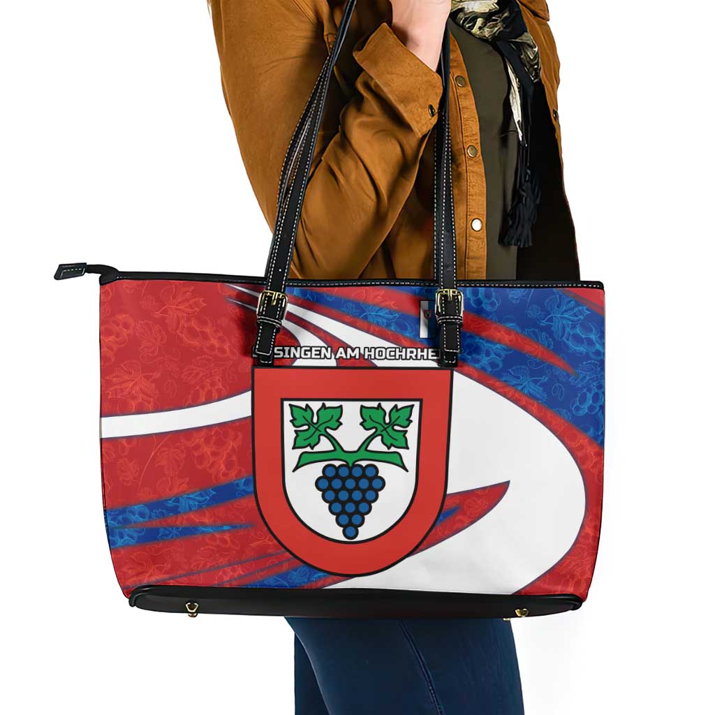 Busingen am Hochrhein Germany Leather Tote Bag with Grape Crest Design and Red Blue Wine Theme - Wonder Print Shop