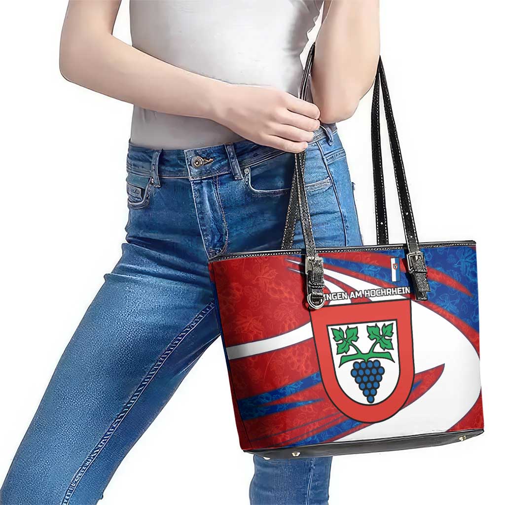 Busingen am Hochrhein Germany Leather Tote Bag with Grape Crest Design and Red Blue Wine Theme - Wonder Print Shop