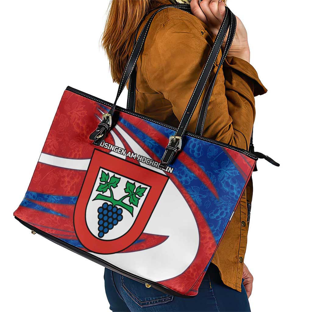 Busingen am Hochrhein Germany Leather Tote Bag with Grape Crest Design and Red Blue Wine Theme - Wonder Print Shop