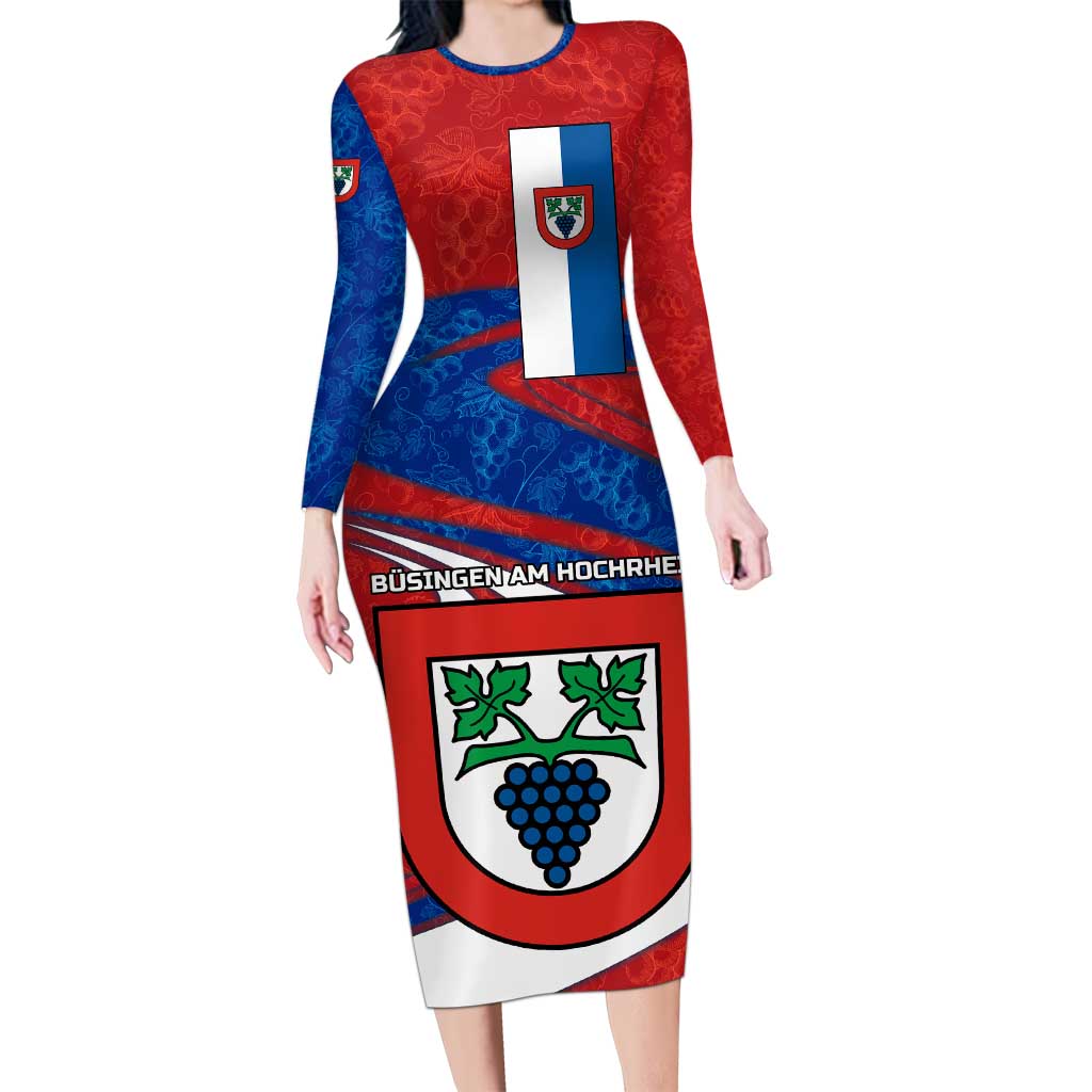 Busingen am Hochrhein Germany Long Sleeve Bodycon Dress with Grape Crest Design and Red Blue Wine Theme - Wonder Print Shop