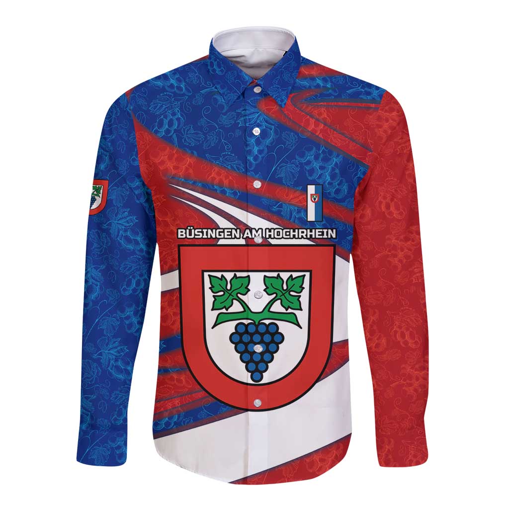 Busingen am Hochrhein Germany Long Sleeve Button Shirt with Grape Crest Design and Red Blue Wine Theme - Wonder Print Shop
