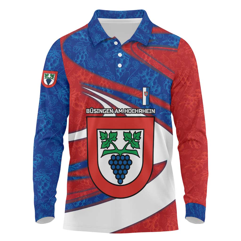 Busingen am Hochrhein Germany Long Sleeve Polo Shirt with Grape Crest Design and Red Blue Wine Theme - Wonder Print Shop