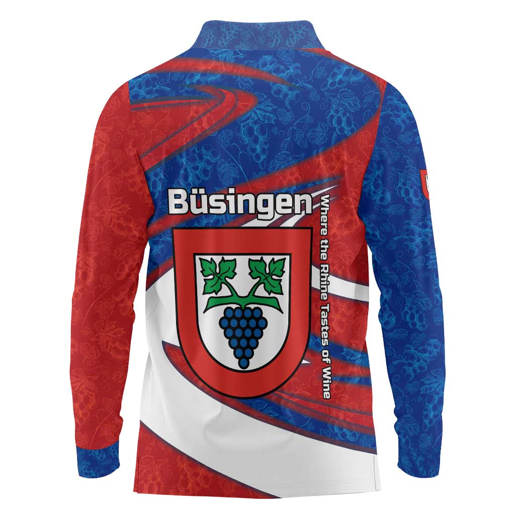 Busingen am Hochrhein Germany Long Sleeve Polo Shirt with Grape Crest Design and Red Blue Wine Theme - Wonder Print Shop