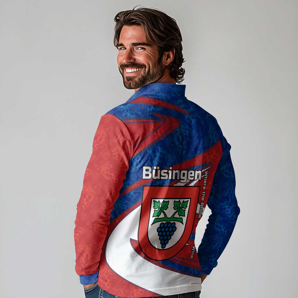 Busingen am Hochrhein Germany Long Sleeve Polo Shirt with Grape Crest Design and Red Blue Wine Theme - Wonder Print Shop