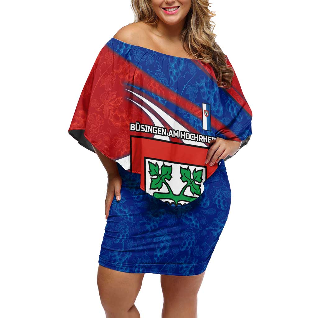 Busingen am Hochrhein Germany Off Shoulder Short Dress with Grape Crest Design and Red Blue Wine Theme - Wonder Print Shop