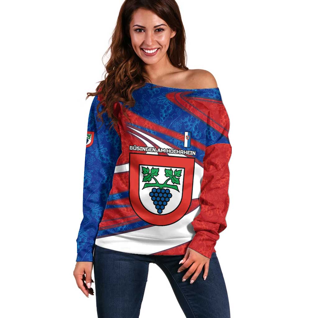 Busingen am Hochrhein Germany Off Shoulder Sweater with Grape Crest Design and Red Blue Wine Theme - Wonder Print Shop