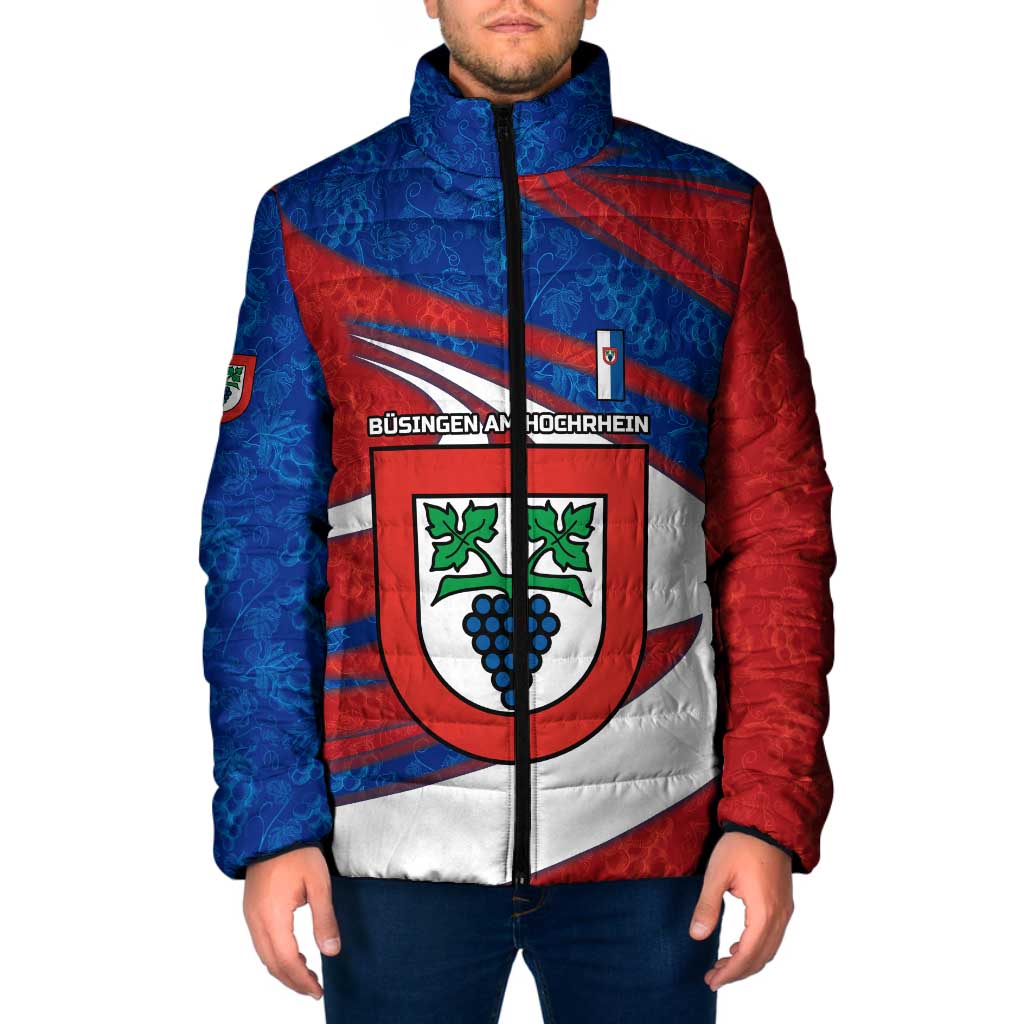Busingen am Hochrhein Germany Padded Jacket with Grape Crest Design and Red Blue Wine Theme - Wonder Print Shop