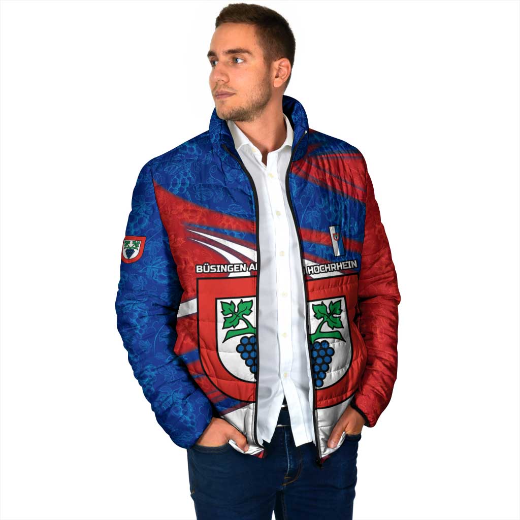 Busingen am Hochrhein Germany Padded Jacket with Grape Crest Design and Red Blue Wine Theme - Wonder Print Shop