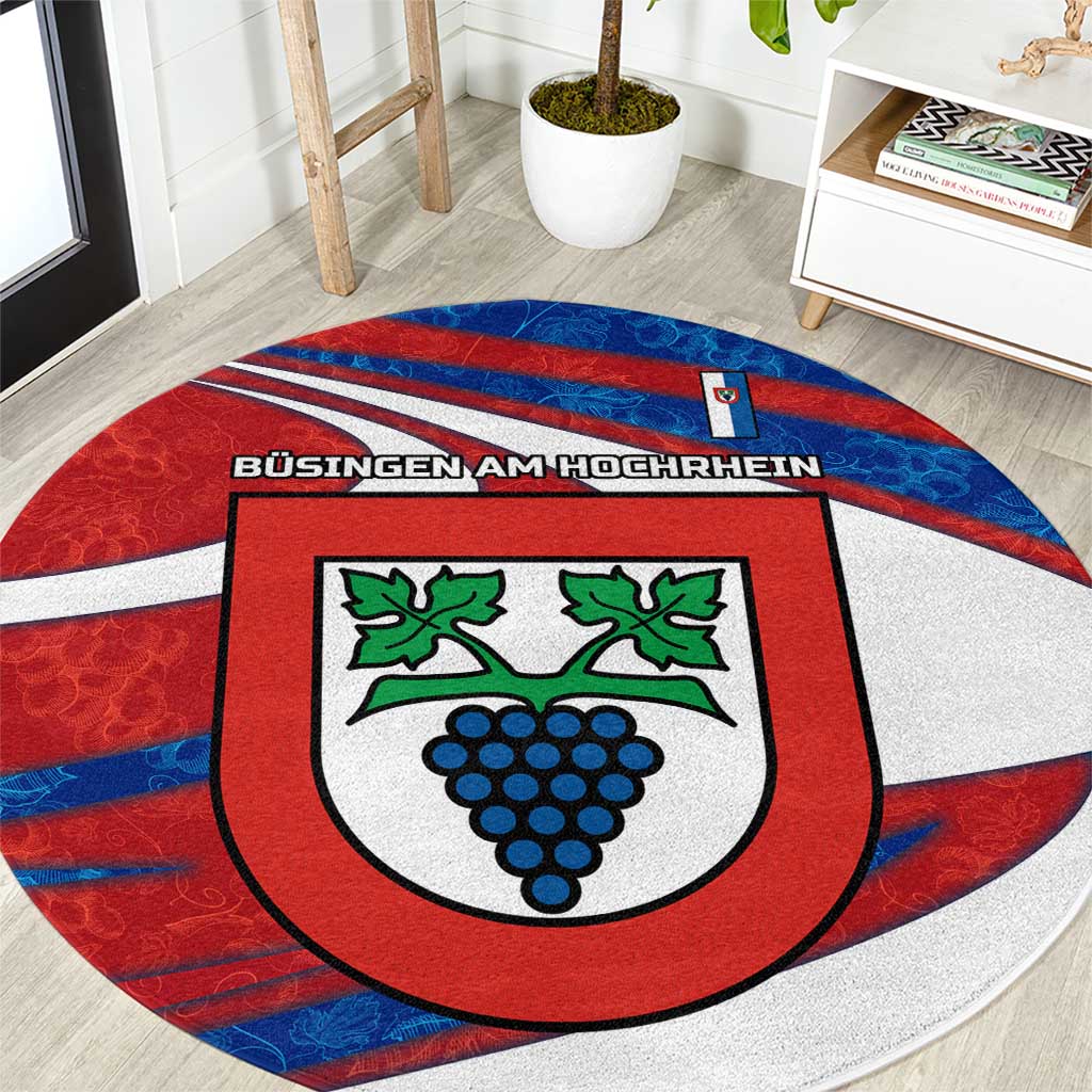 Busingen am Hochrhein Germany Round Carpet with Grape Crest Design and Red Blue Wine Theme - Wonder Print Shop