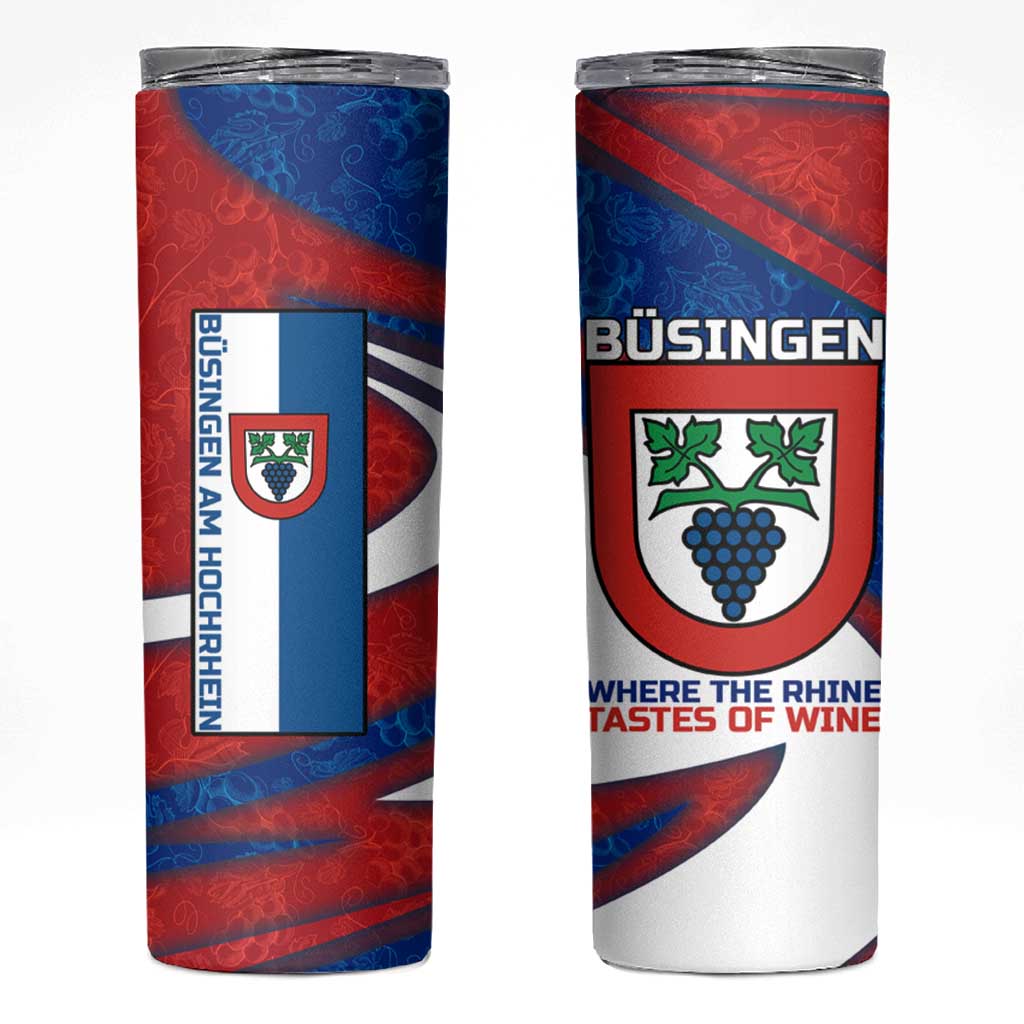 Busingen am Hochrhein Germany Skinny Tumbler with Grape Crest Design and Red Blue Wine Theme - Wonder Print Shop