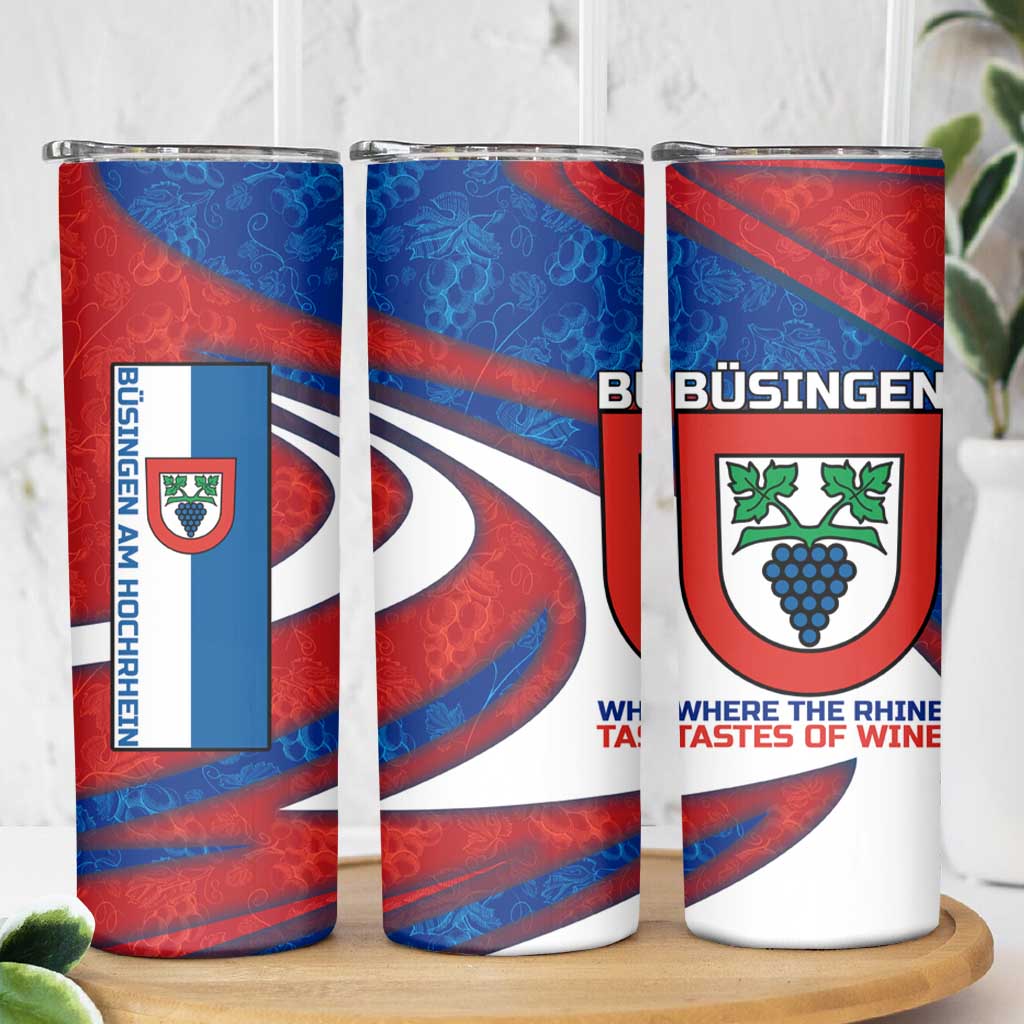 Busingen am Hochrhein Germany Skinny Tumbler with Grape Crest Design and Red Blue Wine Theme - Wonder Print Shop