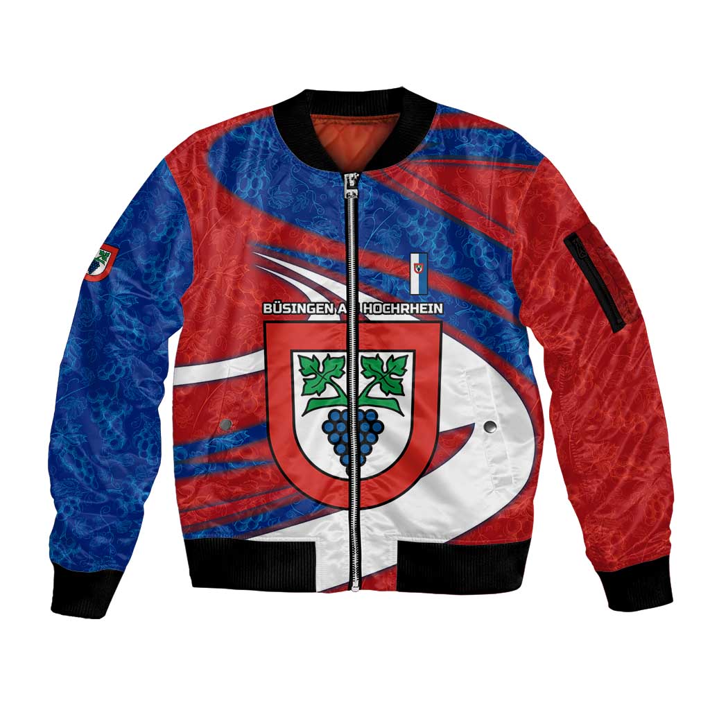 Busingen am Hochrhein Germany Sleeve Zip Bomber Jacket with Grape Crest Design and Red Blue Wine Theme - Wonder Print Shop