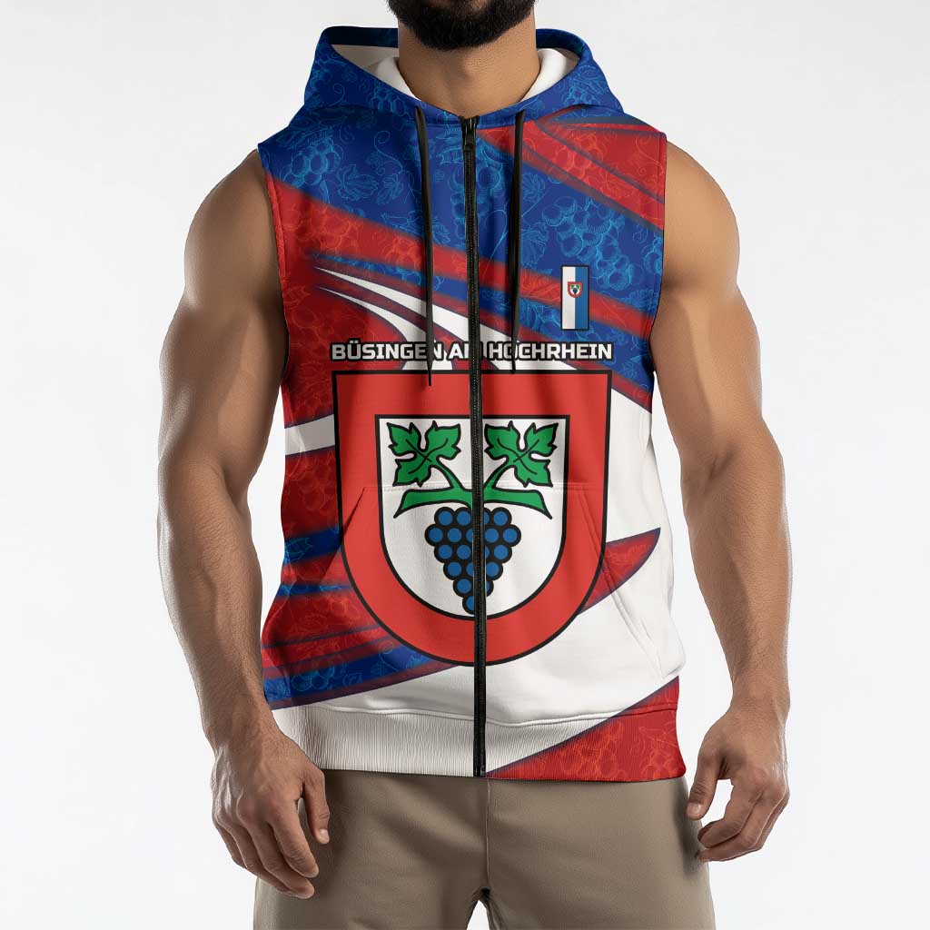 Busingen am Hochrhein Germany Sleeveless Zip Hoodie with Grape Crest Design and Red Blue Wine Theme - Wonder Print Shop