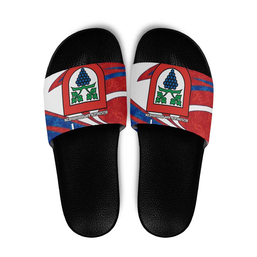 Busingen am Hochrhein Germany Slide Sandals with Grape Crest Design and Red Blue Wine Theme - Wonder Print Shop