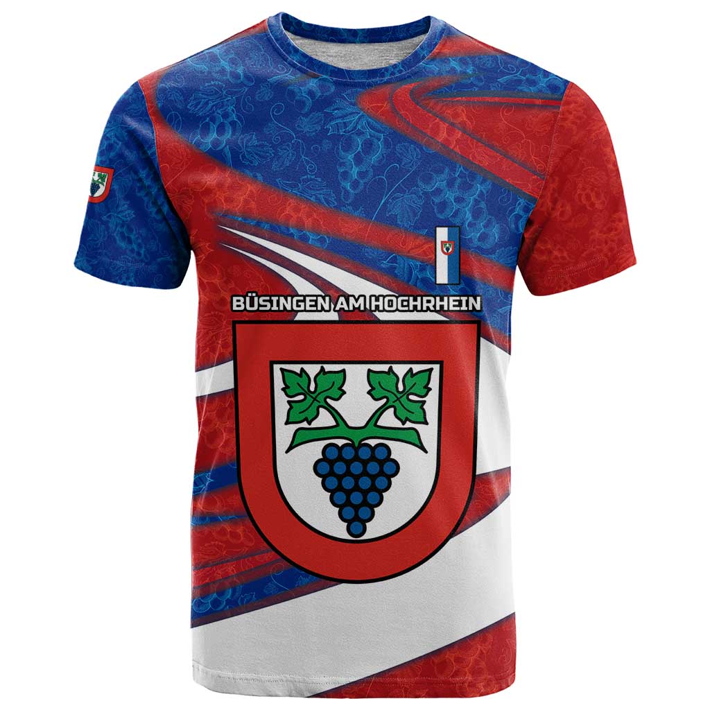 Busingen am Hochrhein Germany T Shirt with Grape Crest Design and Red Blue Wine Theme - Wonder Print Shop