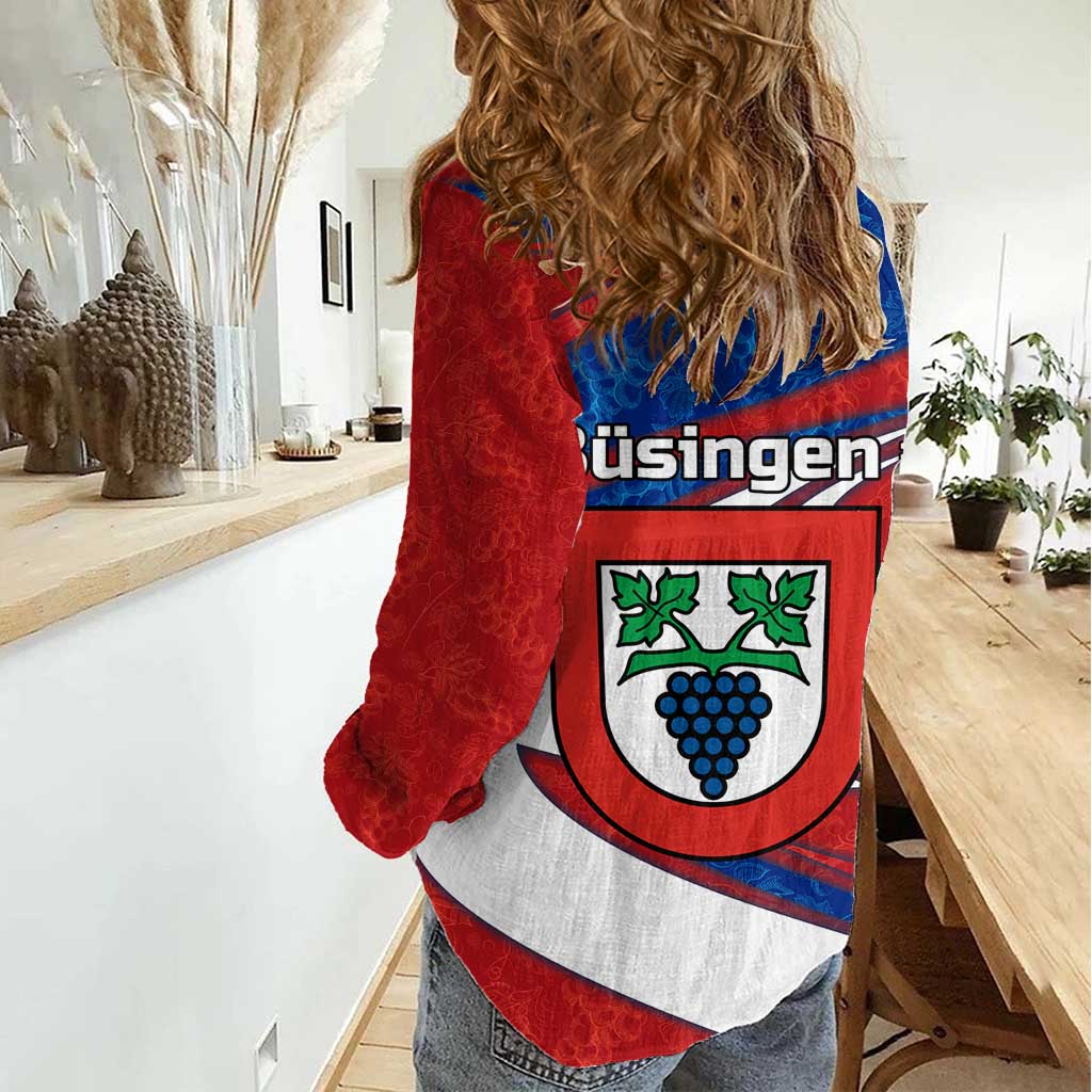 Busingen am Hochrhein Germany Women Casual Shirt with Grape Crest Design and Red Blue Wine Theme - Wonder Print Shop