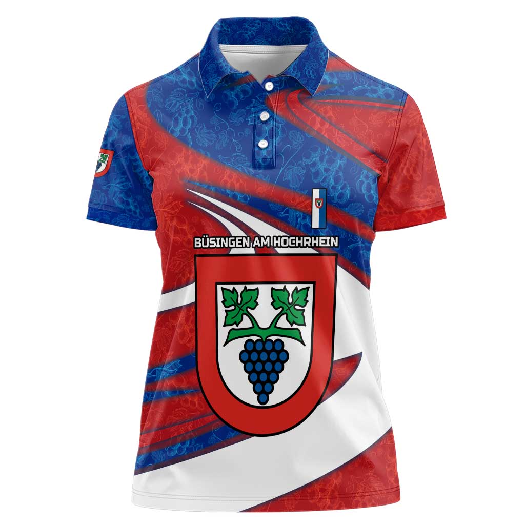 Busingen am Hochrhein Germany Women Polo Shirt with Grape Crest Design and Red Blue Wine Theme - Wonder Print Shop